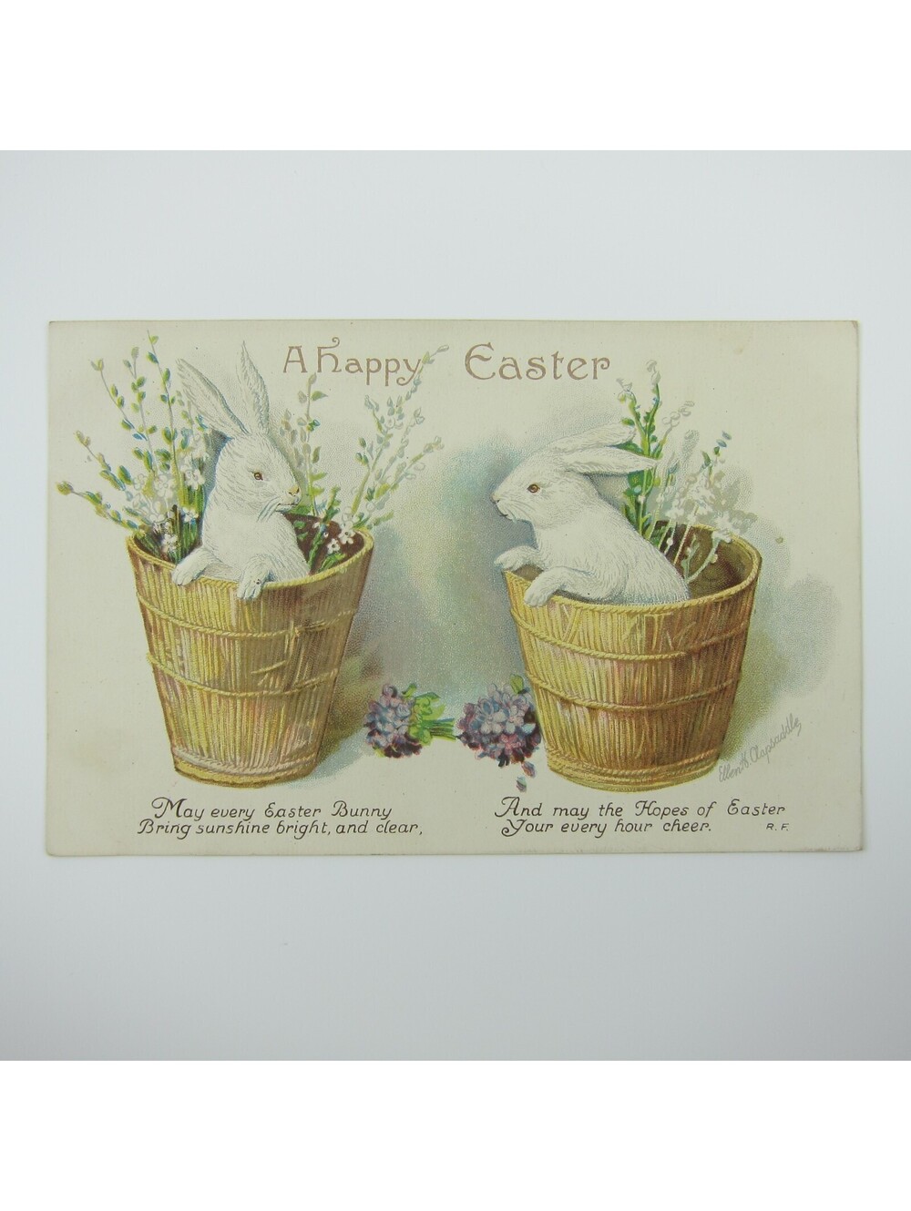 Easter Postcard Two White Rabbits in Baskets Purple Flowers Embossed Antique
